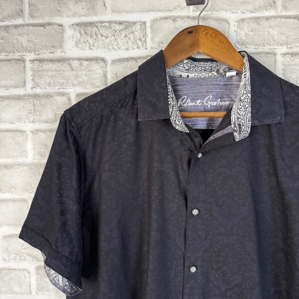 Robert Graham Mens Black Tonal Paisley Jacquard Short Sleeve Button Down Shirt L